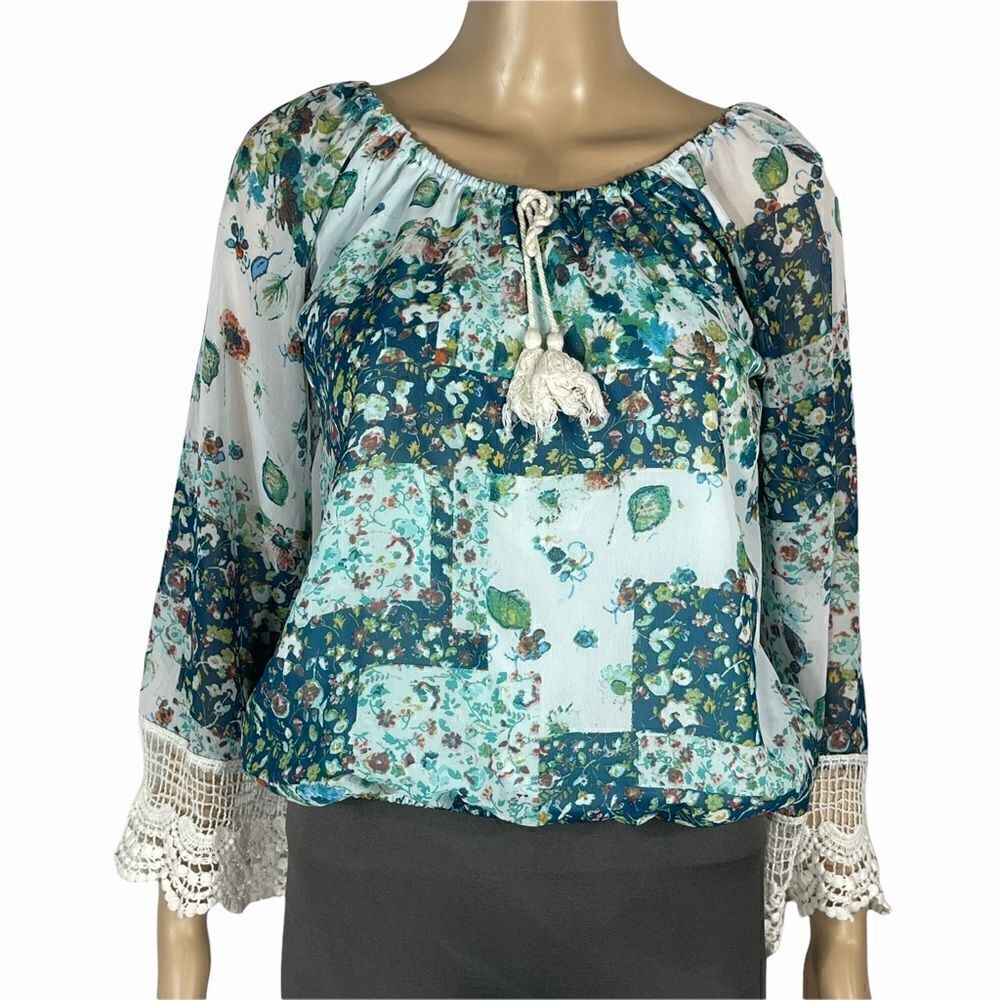 Beautees Blue and Green Floral Blouse laced Wrist